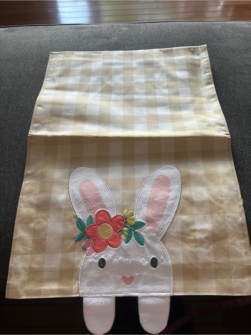 Yellow Gingham Bunny Table Runner with Floral Applique (38 Inches)